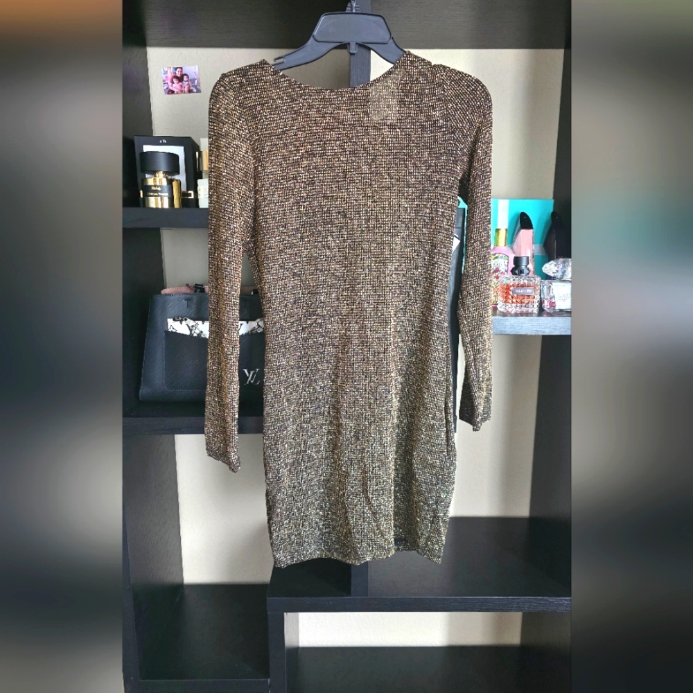 Windsor Gold and Black Glitter Long Sleeve Bodycon Dress